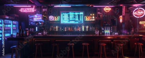 Cyberpunk bar with holographic menu and neon lights, 4K hyperrealistic photo.