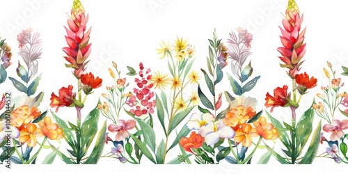 Gentle watercolor floral seamless border. Kalanchoe, kangaroo paw, kniphofia, laurentia, leucojum, lilium, limonium, lithodora, lysimachia, magnolia, simple vector illustration on white background. photo