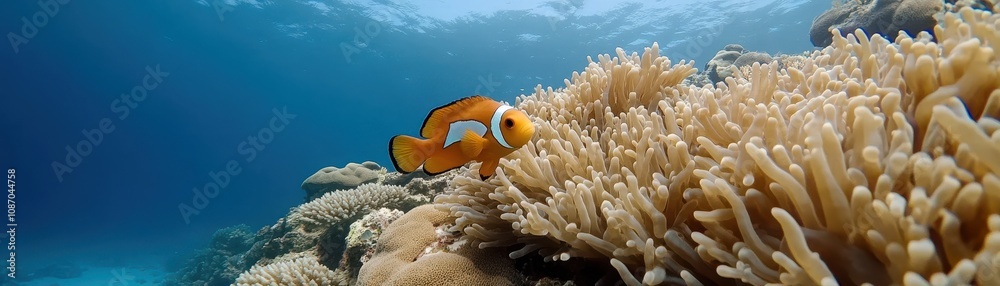 Clownfish swimming among vibrant coral reefs in clear blue ocean waters. Clownfish swimming among vibrant coral reefs in clear blue ocean waters.