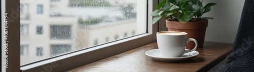 Coffee cup and potted plant on a windowsill with a cityscape view in the background.