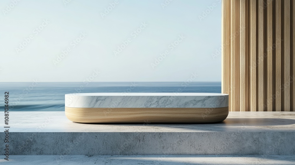 Modern marble and wood bench on a patio overlooking ocean. Modern marble and wood bench on a patio overlooking ocean.