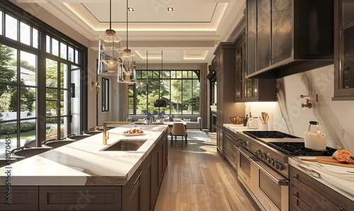 Large transitional kitchen with a mix of traditional and modern elements, quartz countertops, and stainless steel appliances, 4K hyperrealistic photo