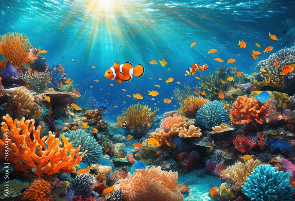 Obraz premium vibrant underwater coral reef close showcasing colorful marine life lush textures captivating submerged environment, adventure, algae, aquatic, beautiful