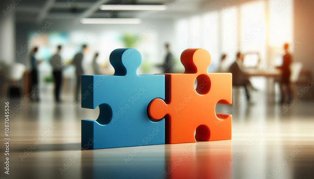 Two large interlocking puzzle pieces in focus, symbolizing teamwork and unity in a professional setting Two large interlocking puzzle pieces in focus, symbolizing teamwork and unity in a professional setting