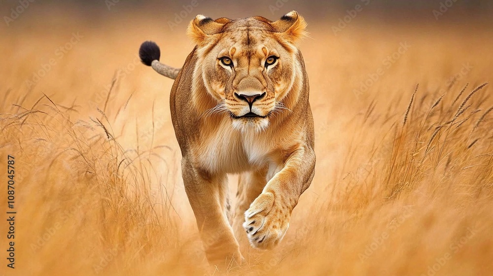 Fototapeta A full shot photo of a lioness walking confidently through tall golden grass, deep focus on the movement of its muscles and fur, low-angle shot that makes the lion appear larger and more imposing
