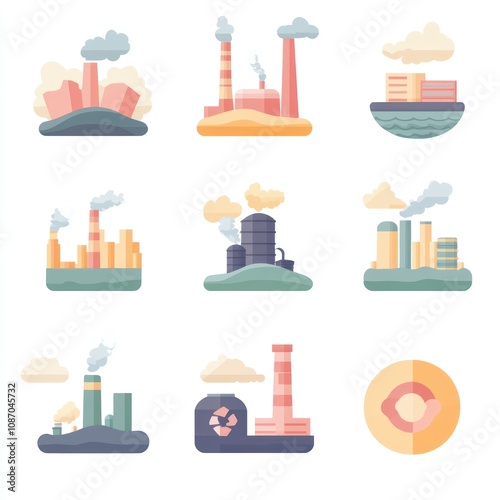 Industrial Pollution Icons with Smoke and Buildings