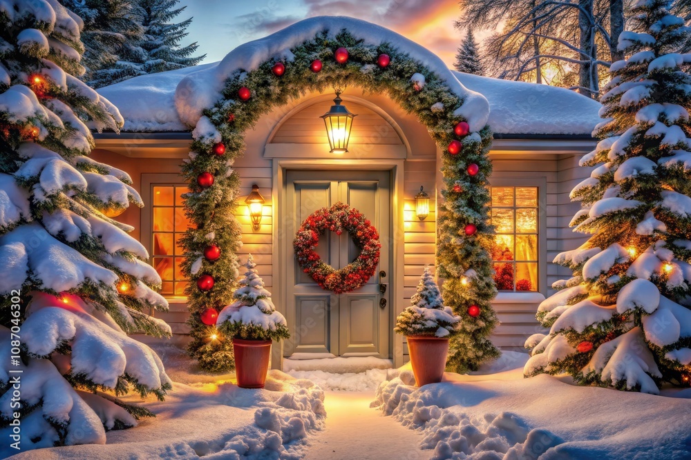 Obraz premium Festive Doorway with Christmas Chaplet Decoration for a Beautiful Winter Holiday Scene, Cozy Atmosphere, Snowy Landscape, Holiday Cheer, and Warm Lighting