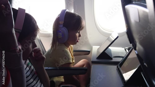 4K: Cute Young girl using digital tablet whilst flying onboard an Airplane or Plane. Stock Video Clip Footage
