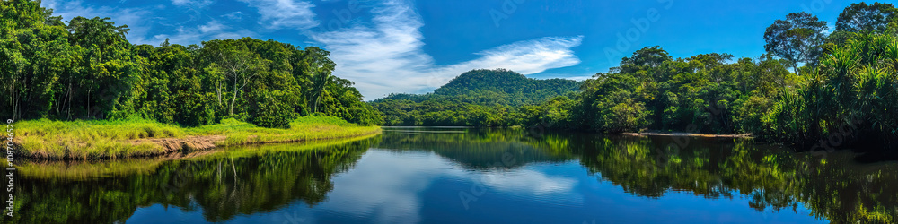 Rainforest: A serene scene of a river winding through the lush vegetation, reflecting the blue sky above. Rainforest: A serene scene of a river winding through the lush vegetation, reflecting the blue sky above.