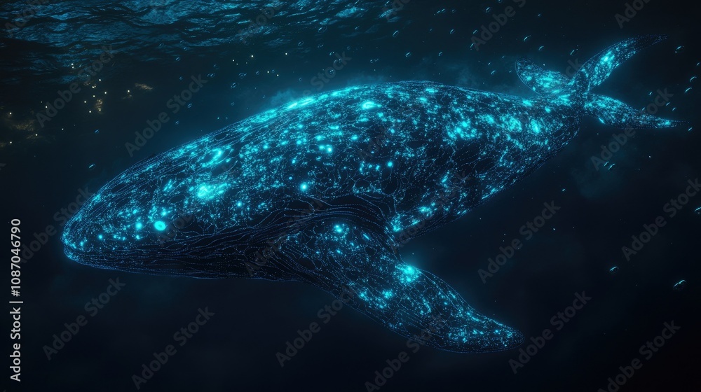 Naklejka premium Glowing whale illustration, underwater, dark blue ocean.