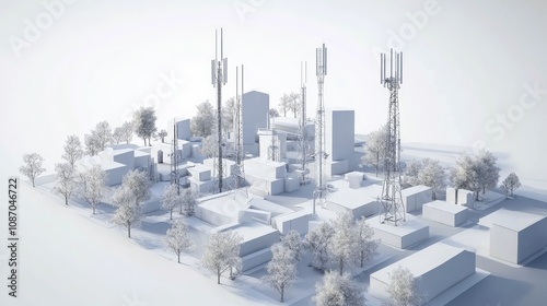 Monochrome 3D rendering of a cityscape with numerous communication towers and trees.