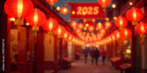 Chinese style red lanterns. Chinese new year 2025 decorations Red blur background