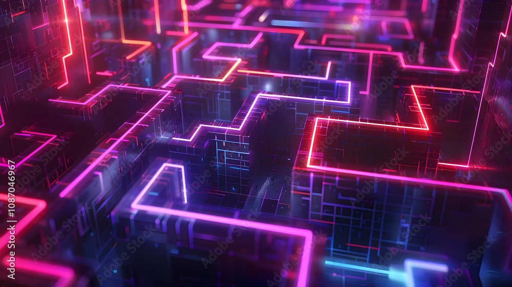 Abstract 3D Neon Maze: Glowing Pink and Blue Circuitry Forms Intricate Paths in a Futuristic Digital Landscape Abstract 3D Neon Maze: Glowing Pink and Blue Circuitry Forms Intricate Paths in a Futuristic Digital Landscape