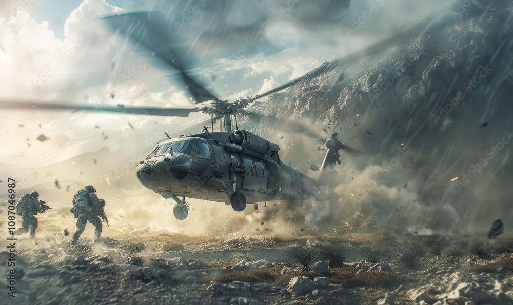 Military helicopter deploying a special forces team in a remote area, 4K hyperrealistic photo Military helicopter deploying a special forces team in a remote area, 4K hyperrealistic photo