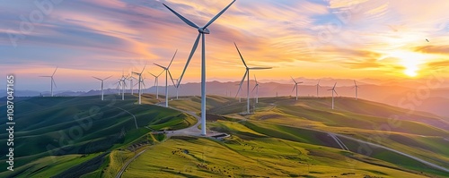 Panoramic view of wind farm set against dramatic sunset creates powerful image of renewable energy.