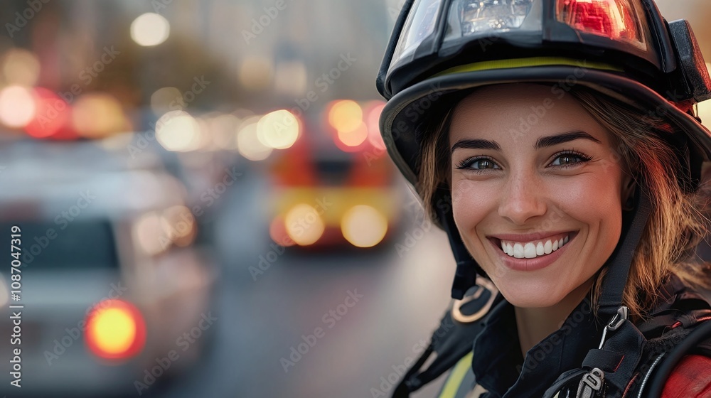 Female firefighter smiling in gear on a busy street. Generative AI image Female firefighter smiling in gear on a busy street. Generative AI image