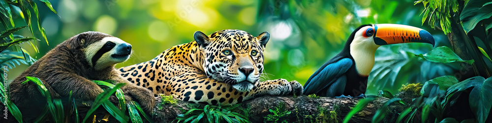 Rainforest: A group of endangered species, including a jaguar, sloth, and toucan, inhabiting their threatened habitat. Rainforest: A group of endangered species, including a jaguar, sloth, and toucan, inhabiting their threatened habitat.