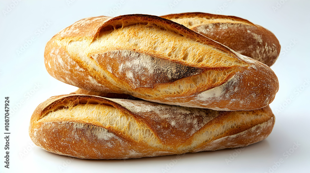 Three Freshly Baked Baguettes Arranged in a Stack on a White Surface, Displaying Their Crusty, Golden-Brown Exterior and Soft, Fluffy Interior, with a Light Dusting of Flour Three Freshly Baked Baguettes Arranged in a Stack on a White Surface, Displaying Their Crusty, Golden-Brown Exterior and Soft, Fluffy Interior, with a Light Dusting of Flour