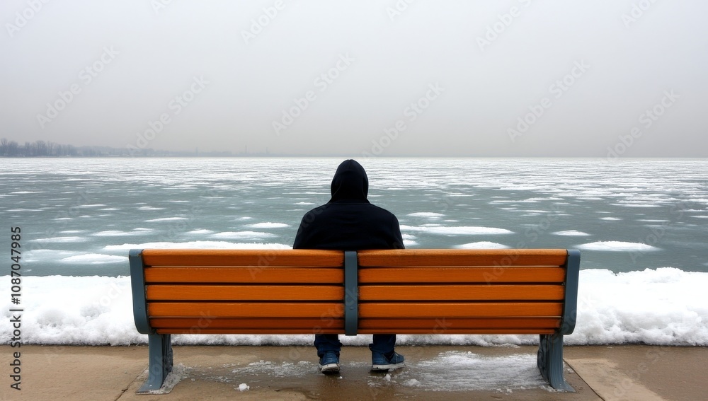 Man sitting on bench wearing black hoodie and jeans, facing away Man sitting on bench wearing black hoodie and jeans, facing away