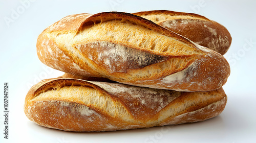 Three Freshly Baked Baguettes Arranged in a Stack on a White Surface, Displaying Their Crusty, Golden-Brown Exterior and Soft, Fluffy Interior, with a Light Dusting of Flour