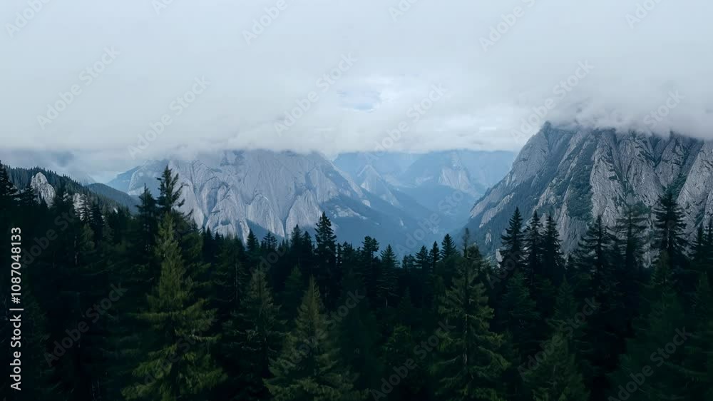 Camera ascends smoothly from a dense pine forest, revealing a mountain range under an overcast sky Camera ascends smoothly from a dense pine forest, revealing a mountain range under an overcast sky