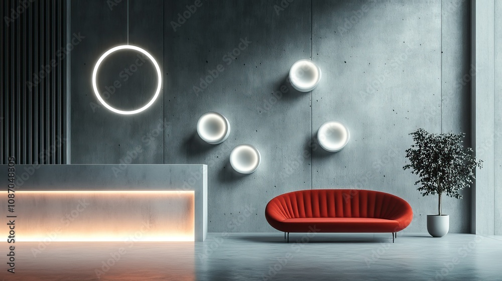 Obraz premium Modern minimalist lobby with red sofa, concrete wall, and circular lights.