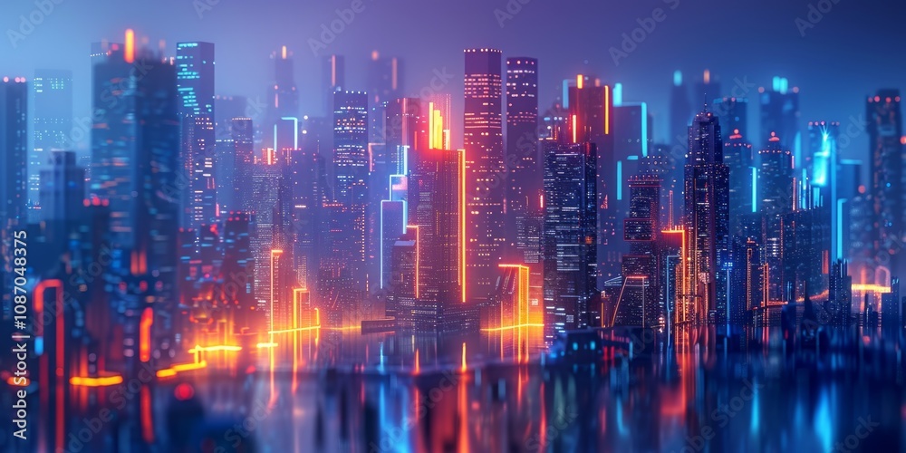 Fototapeta premium Sci-fi city skyline with olive and indigo neon lights. Night scene with advanced skyscrapers. 3D Render.