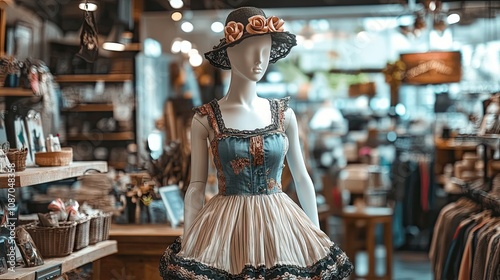 Charming Vintage Dress Displayed on a Mannequin in a Stylish Boutique with Artistic Decor and Warm Ambiance for Fashion Lovers and Shoppers