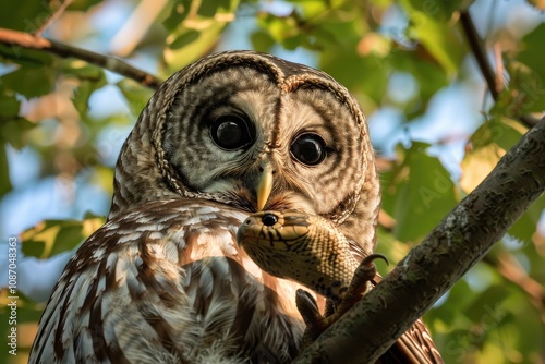 A barred owl perched on a tree branch, clutching a snake in its talons. photo