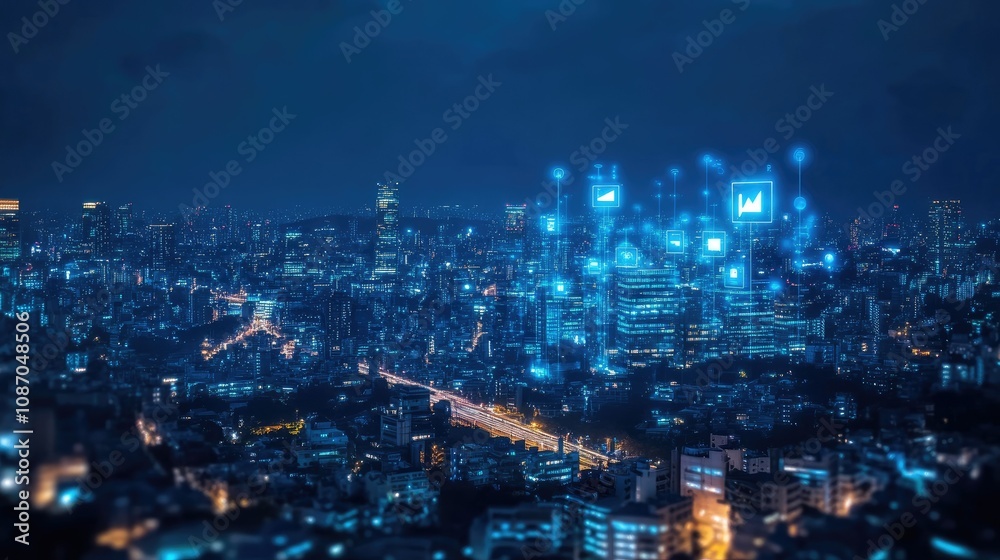 Night cityscape with digital network overlay. Night cityscape with digital network overlay.