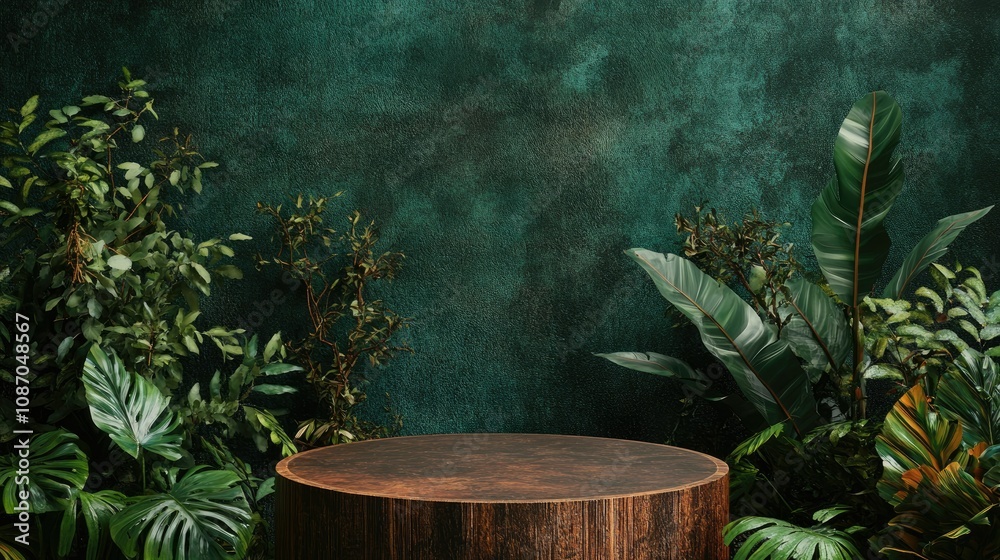 Dark green textured background, wooden platform surrounded by lush tropical plants. Dark green textured background, wooden platform surrounded by lush tropical plants.