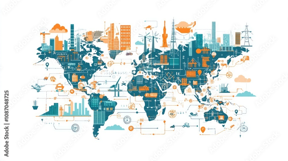 Fototapeta premium Creative Vector Illustration of a Colorful World Map with Urban Architecture, Infrastructure, and Technology Icons Highlighting Global Connectivity and Development