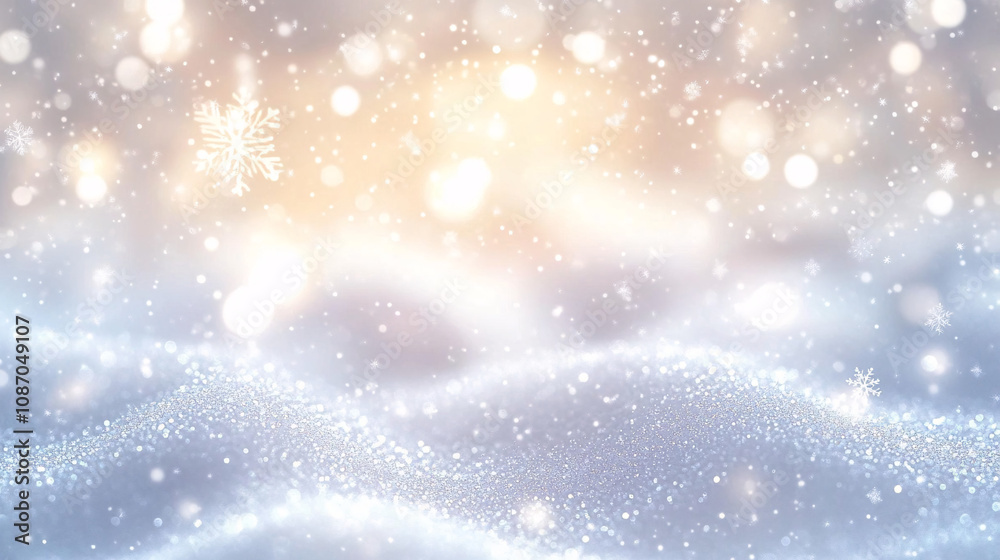 Fototapeta premium Ethereal winter bokeh background with snowflakes, perfect for holiday cards, seasonal greetings, or winter-themed designs. Invokes calm and wonder.