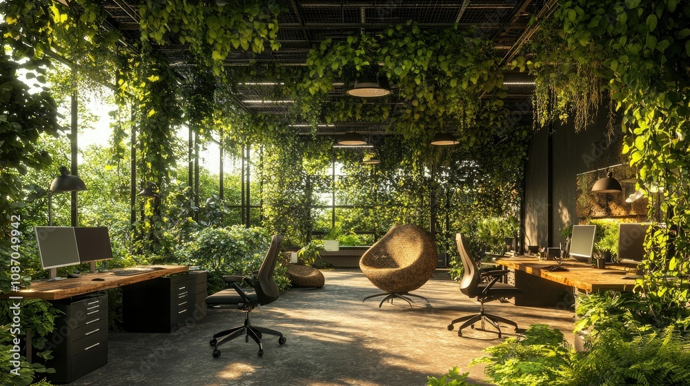 Sunlit indoor garden office with plants, desks, chairs. Sunlit indoor garden office with plants, desks, chairs.