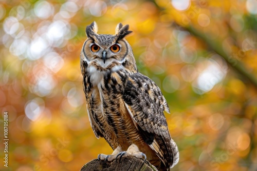 A majestic Eurasian eagleowl with piercing orange eyes, perched majestically amidst a bokeh of autumn leaves.