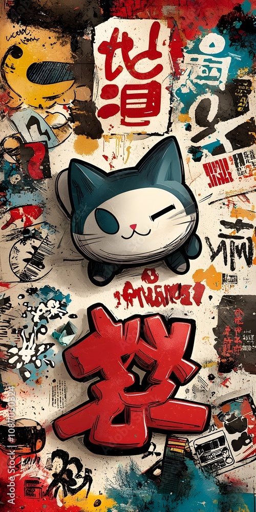 Obraz premium Vibrant collage of quirky Japanese kanji symbols comic book inspired graffiti art and organic line work on a textured grungy urban background This contemporary