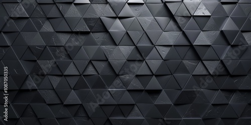 Octagonal tiles arranged to create a matte black wall, with a polished, futuristic background formed from 3D triangular prisms. 3D Render.