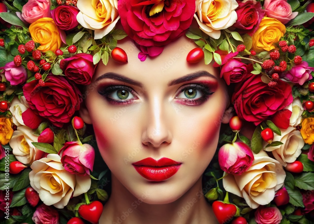 Romantic Valentine's Day Face with Heart Motif, Soft Lighting, and Flowers in the Background, Emphasizing Love and Affection for Stock Photo Collection Romantic Valentine's Day Face with Heart Motif, Soft Lighting, and Flowers in the Background, Emphasizing Love and Affection for Stock Photo Collection