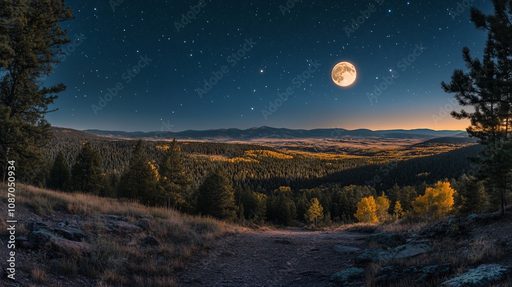 A full moon shines over a mountain range at night, illuminating a forest in shades of gold and green. A full moon shines over a mountain range at night, illuminating a forest in shades of gold and green.