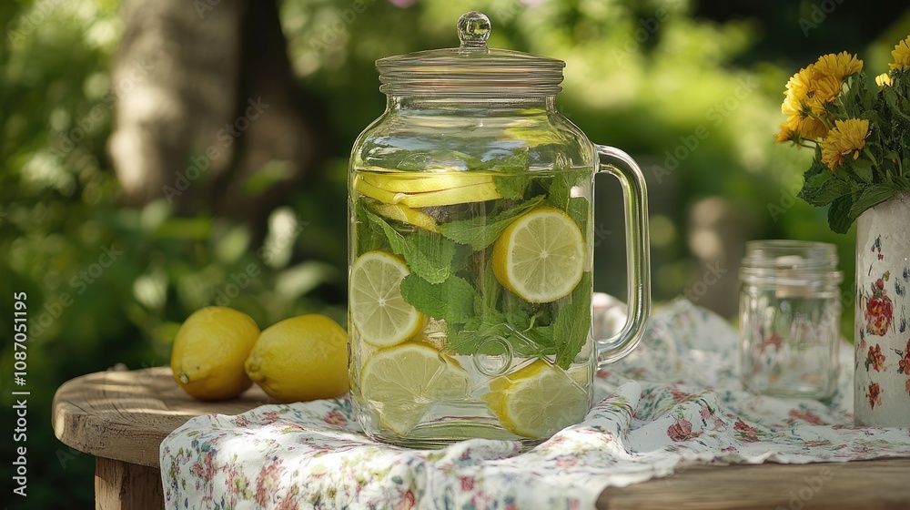 Refreshing Lemonade Infused with Fresh Mint Leaves in a Glass Jar Surrounded by Nature, Perfect for Summer Gatherings and Healthy Living Ideas Refreshing Lemonade Infused with Fresh Mint Leaves in a Glass Jar Surrounded by Nature, Perfect for Summer Gatherings and Healthy Living Ideas