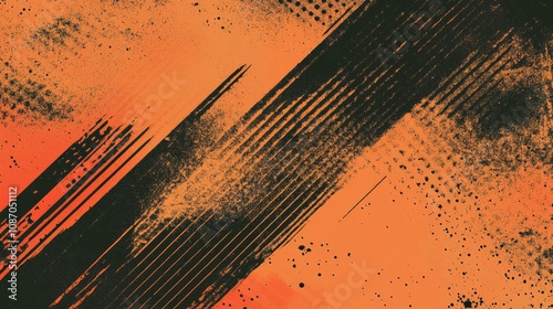 Abstract orange and black grunge texture with diagonal brush strokes and splatters.