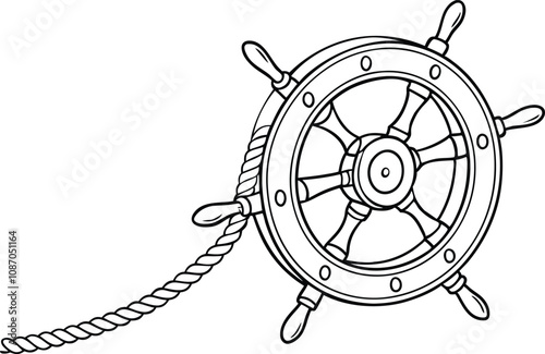 silhouette of Steering wheel tied with rope, Hand drawn ship helm sketch vector, boat rope handwheel, ship wheel helm.