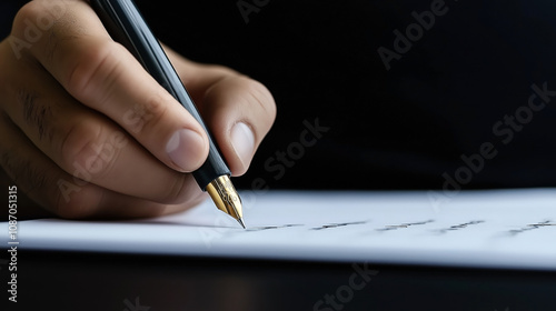 Close-up of a hand writing with a fountain pen on white paper, showing detailed focus on the pen nib and writing hand.