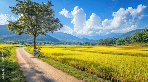 Scenic View of Golden Rice Fields with Isolated Tree and Bicycle on a Sunny Day in the Countryside Under a Clear Blue Sky and Fluffy Clouds