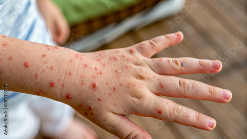 Chickenpox rash on child's arm, close up