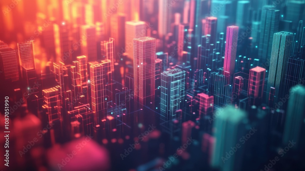 Abstract futuristic cityscape with glowing buildings and vibrant colors.