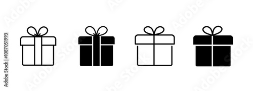Present gift box icon. Festive gift box line art and silhouette designs. Christmas gift icon. Black and white gift box illustrations