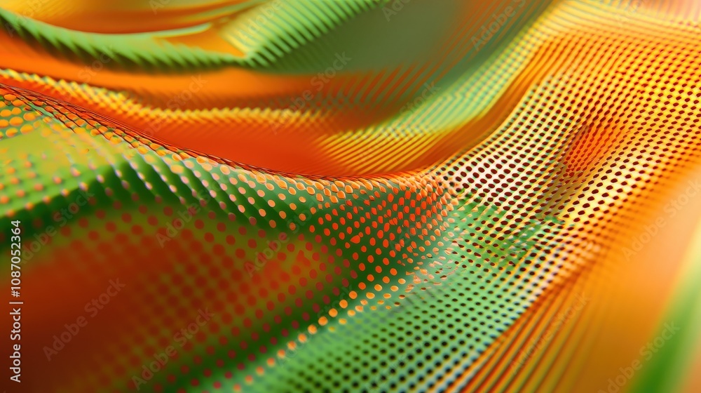 Abstract wavy surface with vibrant orange, green, and yellow gradient and dotted pattern. Abstract wavy surface with vibrant orange, green, and yellow gradient and dotted pattern.