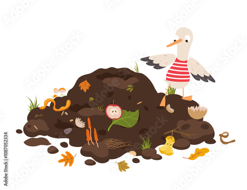 Funny seagull is poking around in compost heap. Sea bird finding food, ocean ecology problems. Cartoon organic trash in soil, leaves and fruits, vector scene