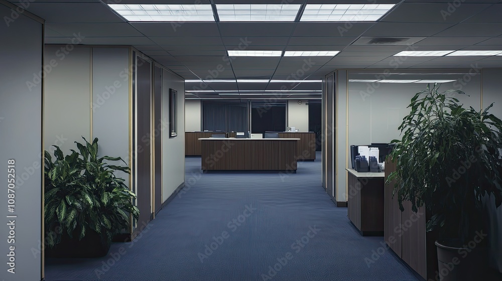 Fototapeta premium Empty, dimly lit office hallway with desks and plants.